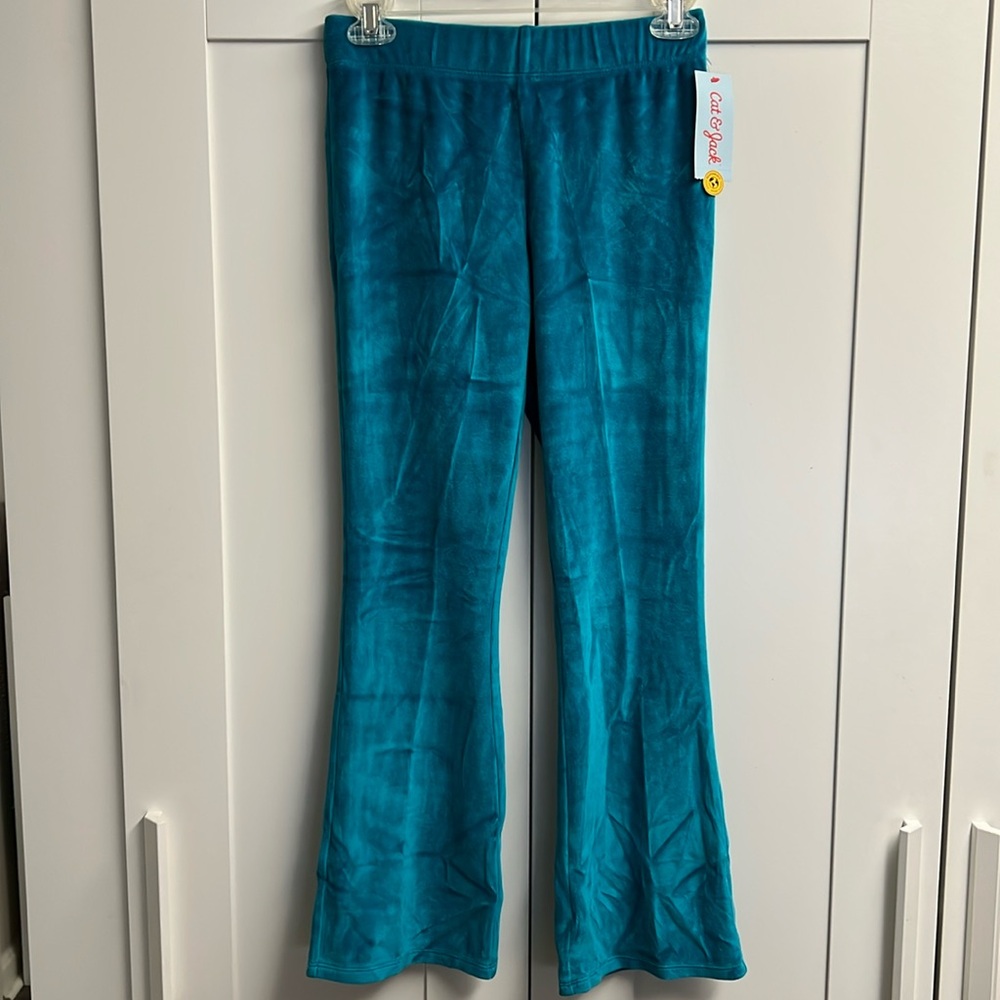 NEW Cat And Jack Teal Velour Flared Pants. Girls Size L 10/12
